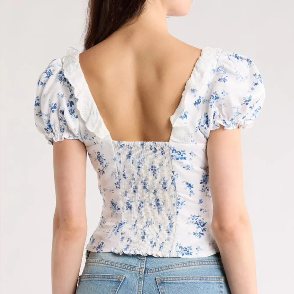 Reformation Alice Lace Trim Puff Sleeve Crop Top